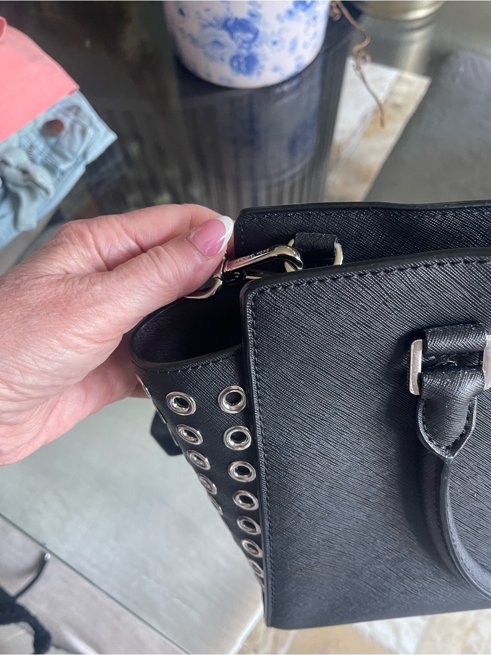 Michael Kors Black Leather Satchel with Silver Eyelet Trim - Picture 7 of 10